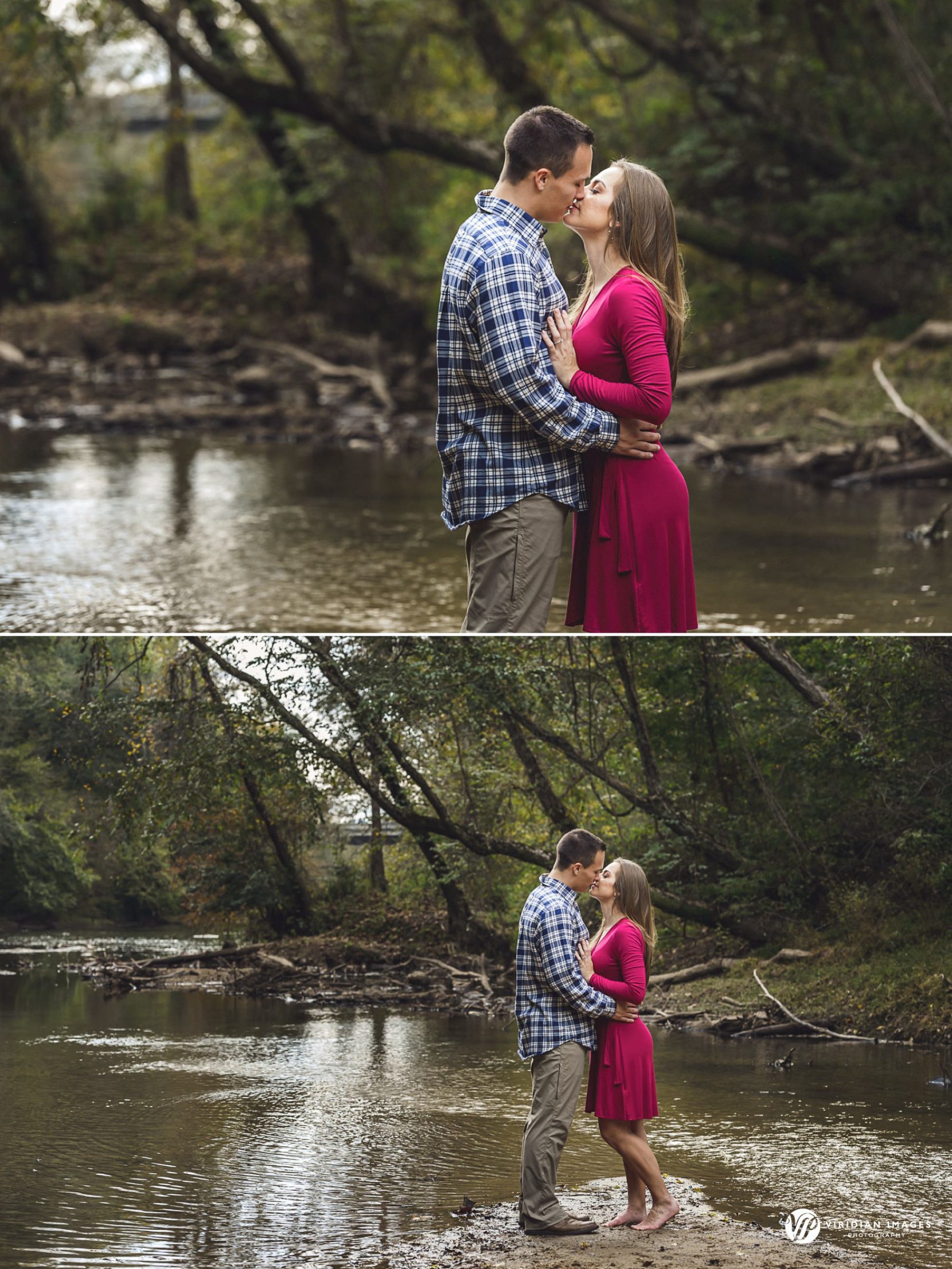 Wide shot of couple kissing during engagement session along rocky riverside in the fall.
