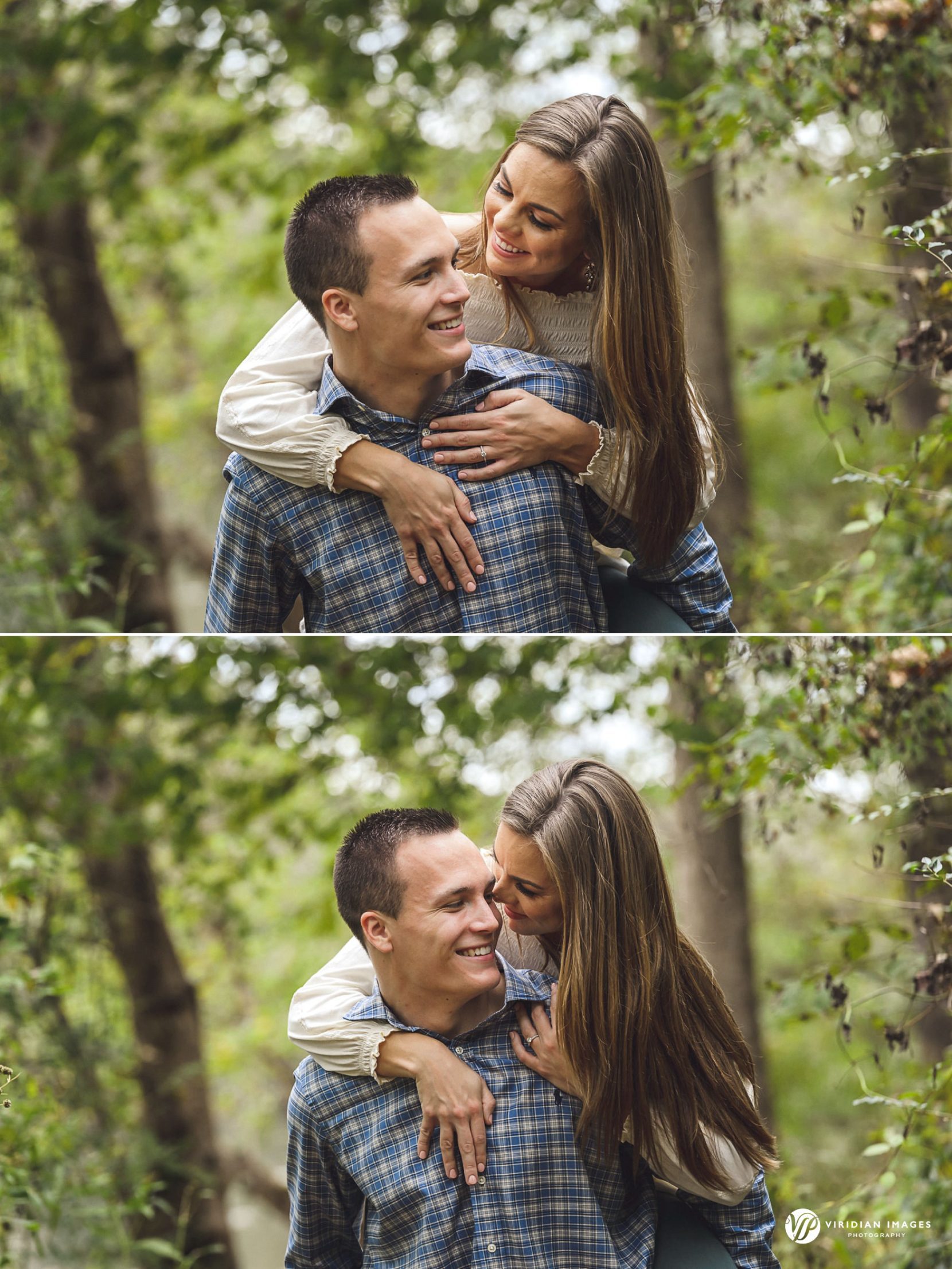Groom-to-be giving bride-to-be a playful piggyback ride on East Palisades trail during engagement session.