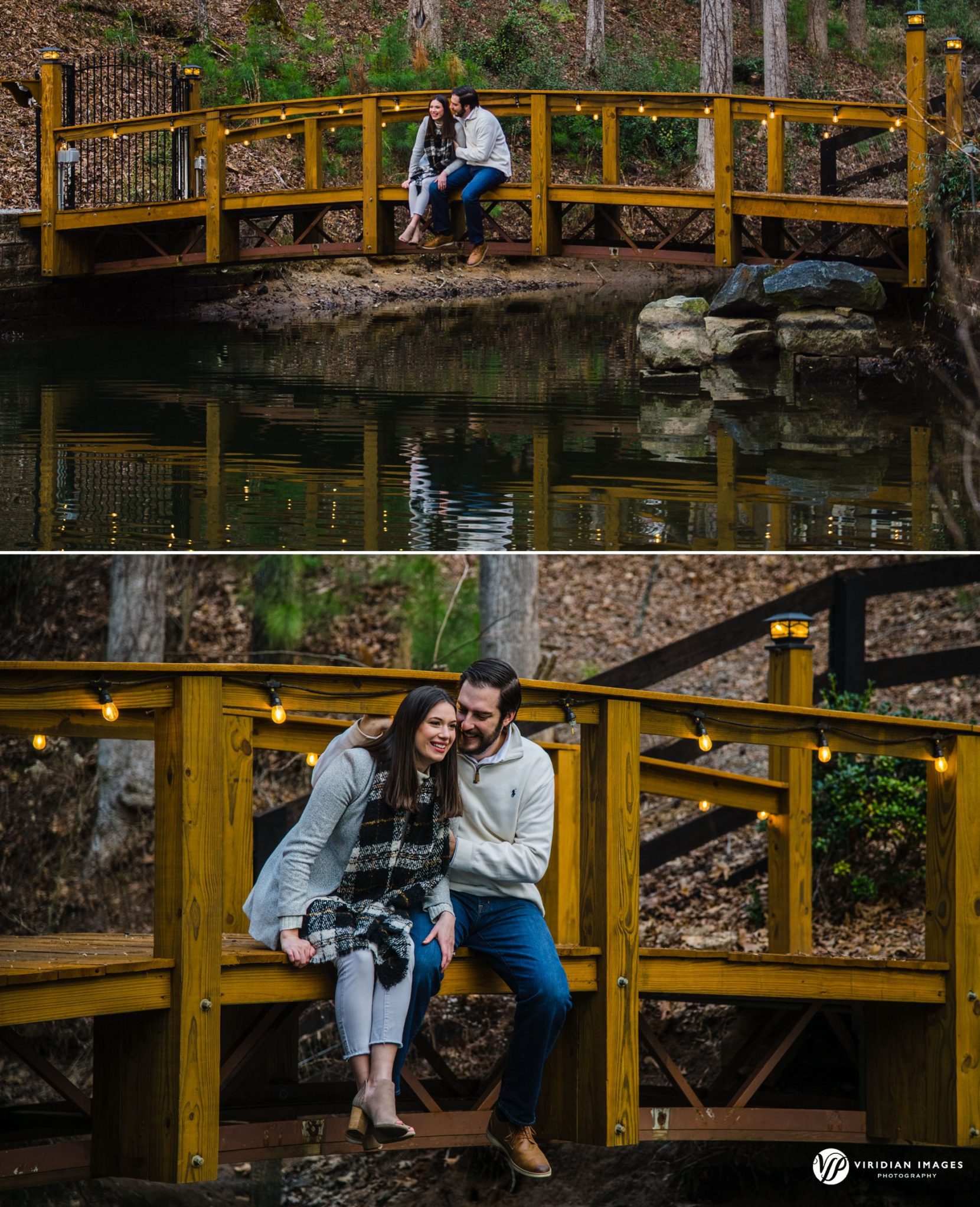 Engaged couple sitting on lighted wooden bridge over lake at Rocky Lake Estate winter engagement session.