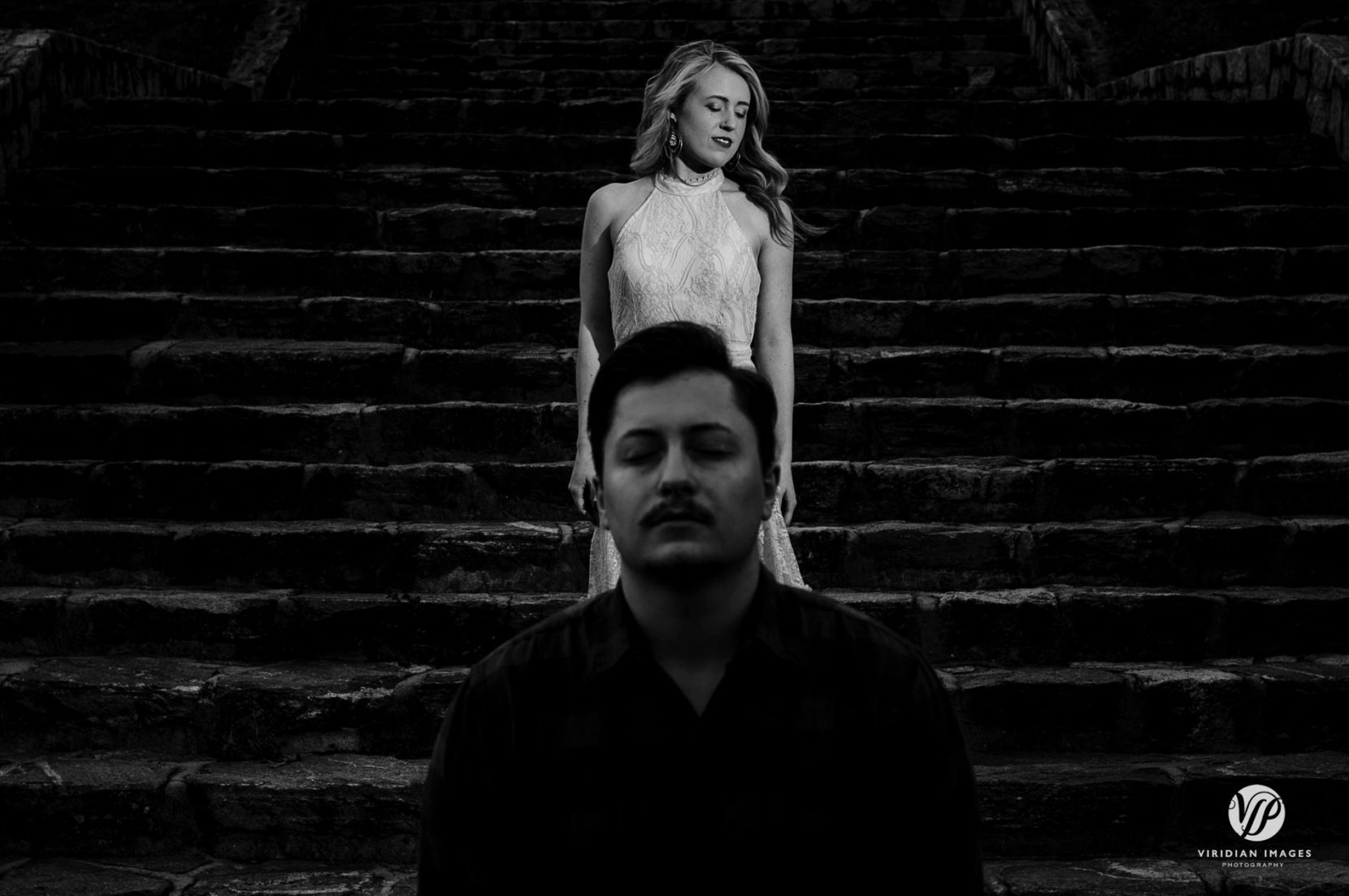 Creative layered black and white modern portrait on stone staircase at Piedmont Park