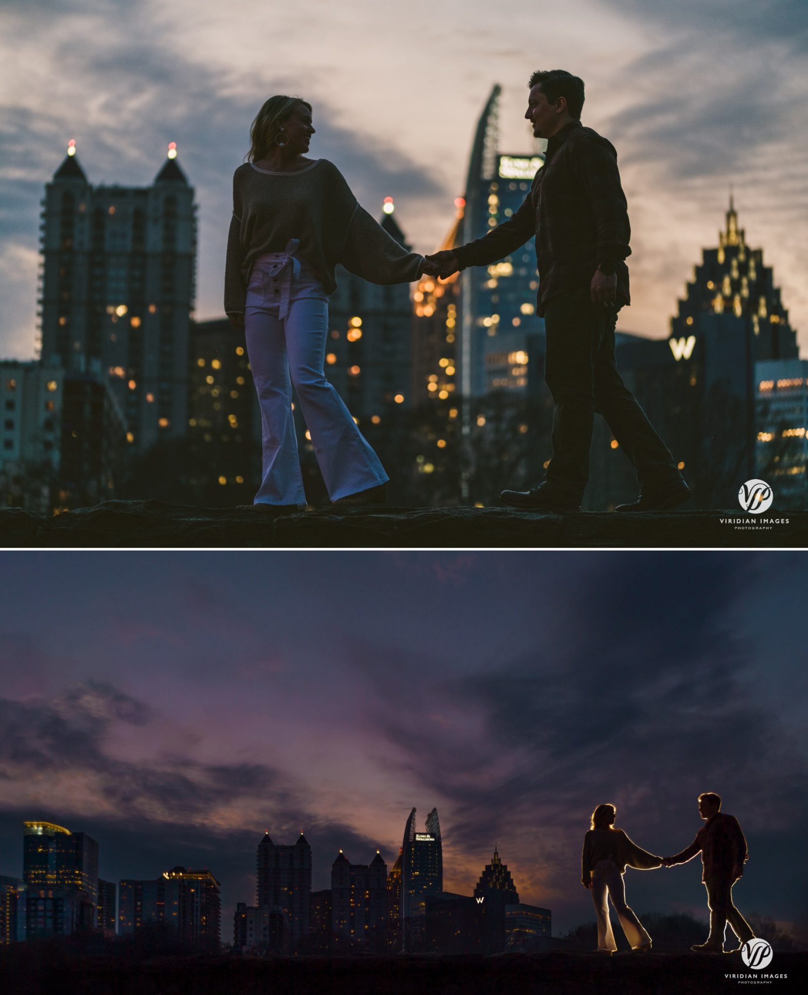 Engagement photos at Piedmont Park stone wall with Atlanta skyline at sunset