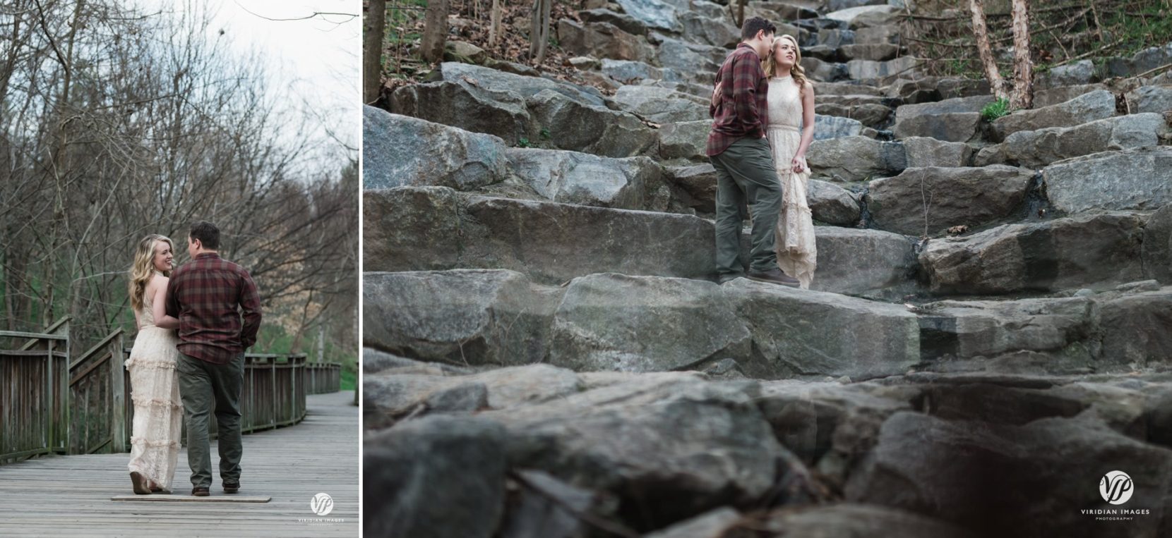 Engagement photos at Piedmont Park large stones and boardwalk