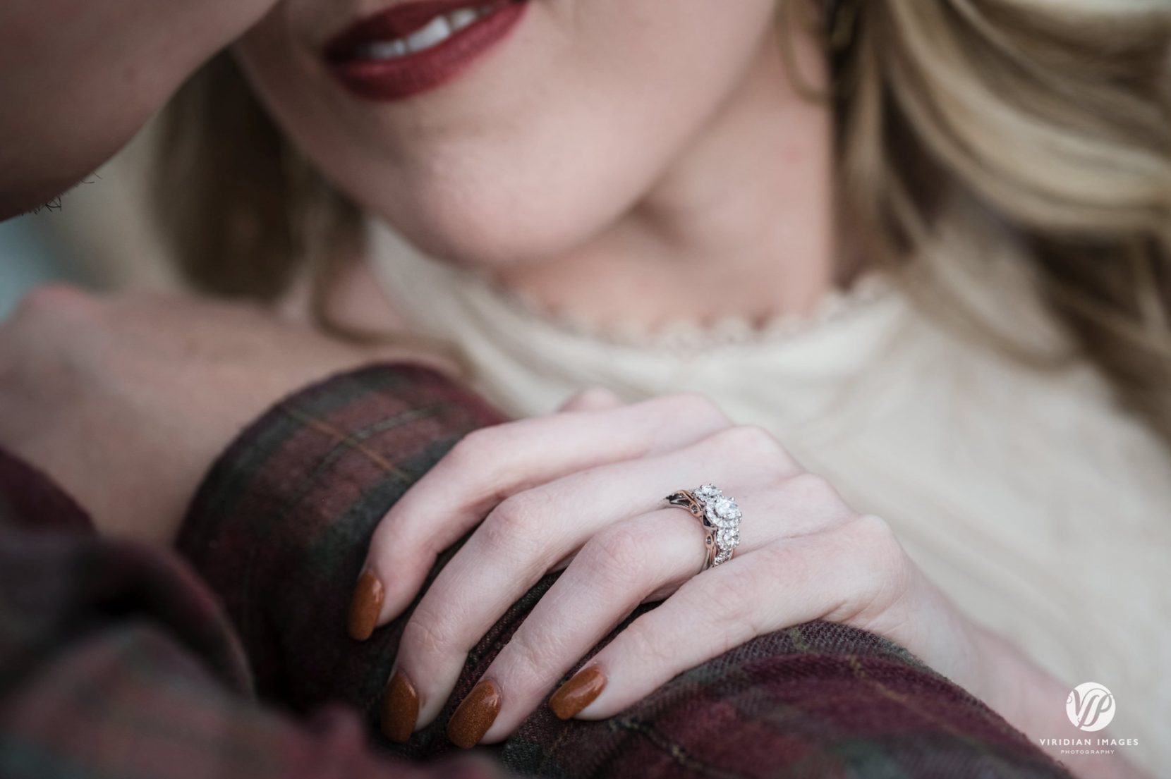 Bride's engagement ring detail during engagement session at Piedmont Park
