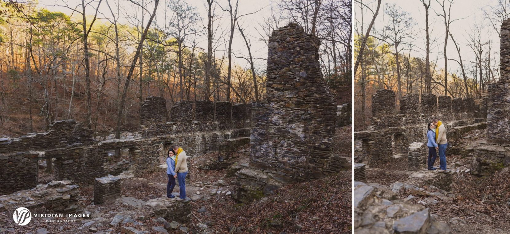 Winter engagement photography in Atlanta with soft light and neutral tones at Sope Creek Trail