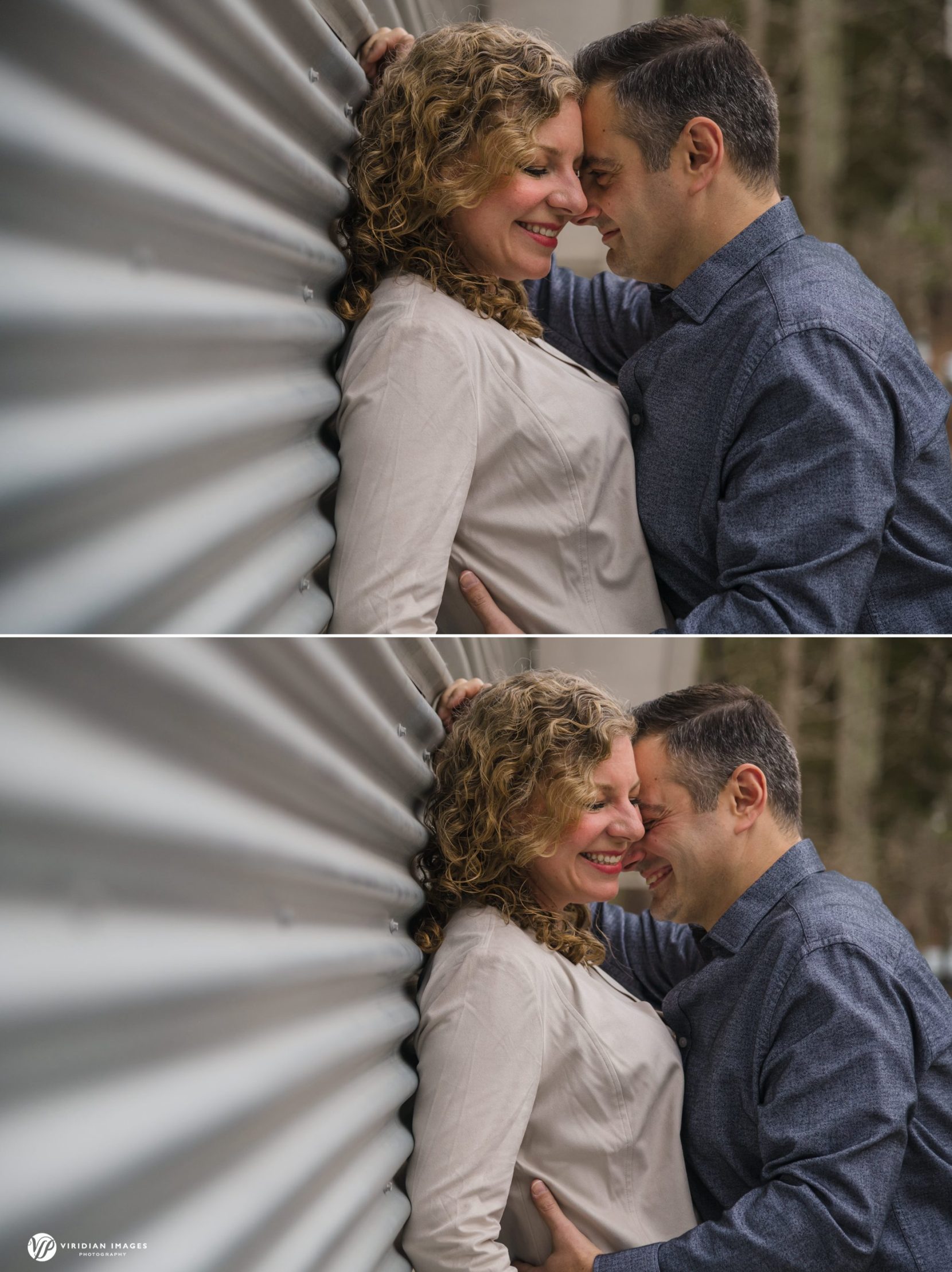 Couple embrace against metal corrugated wall at Sweetwater Creek Park
