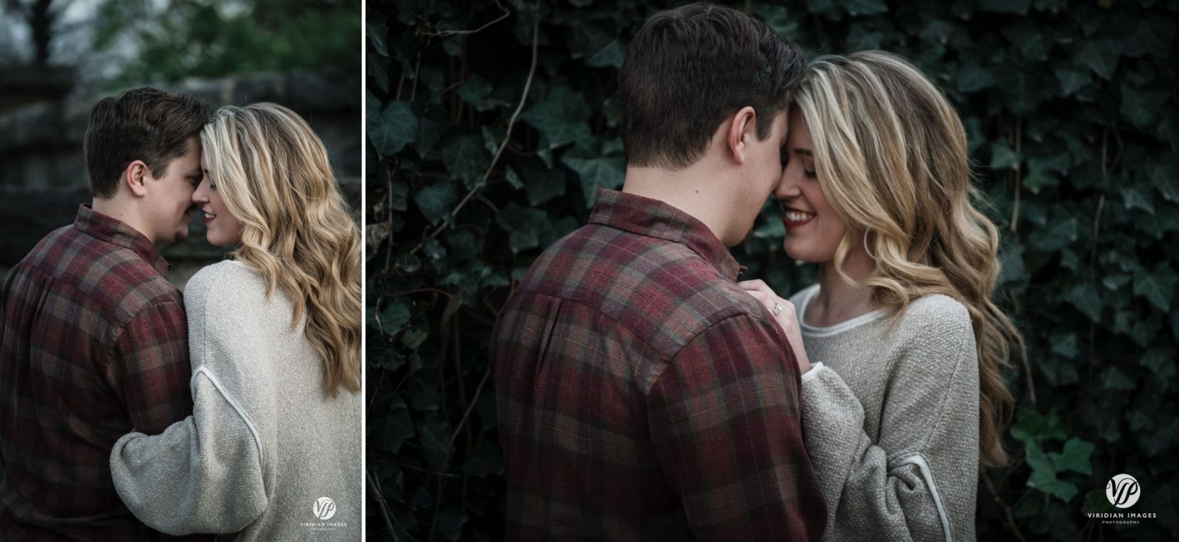 Romantic winter engagement photo in front of stone wall in Atlanta