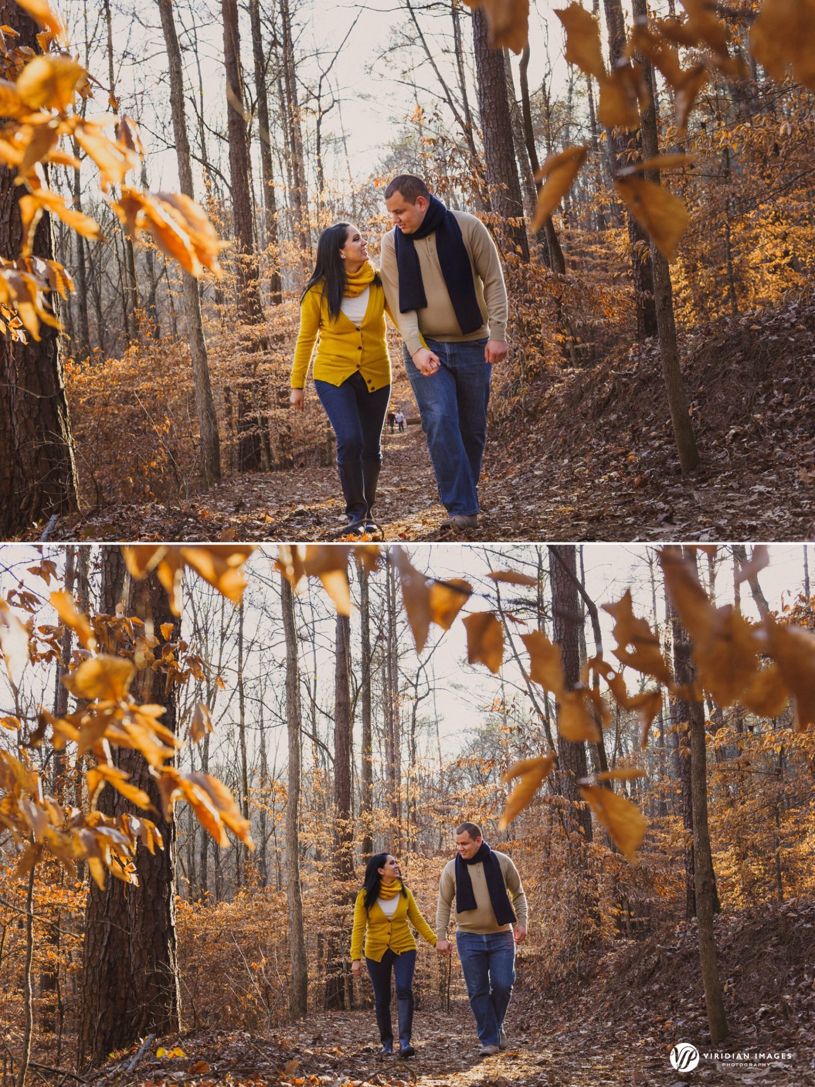 Romantic winter engagement session at Sope Creek Trail in Atlanta with natural woodland scenery