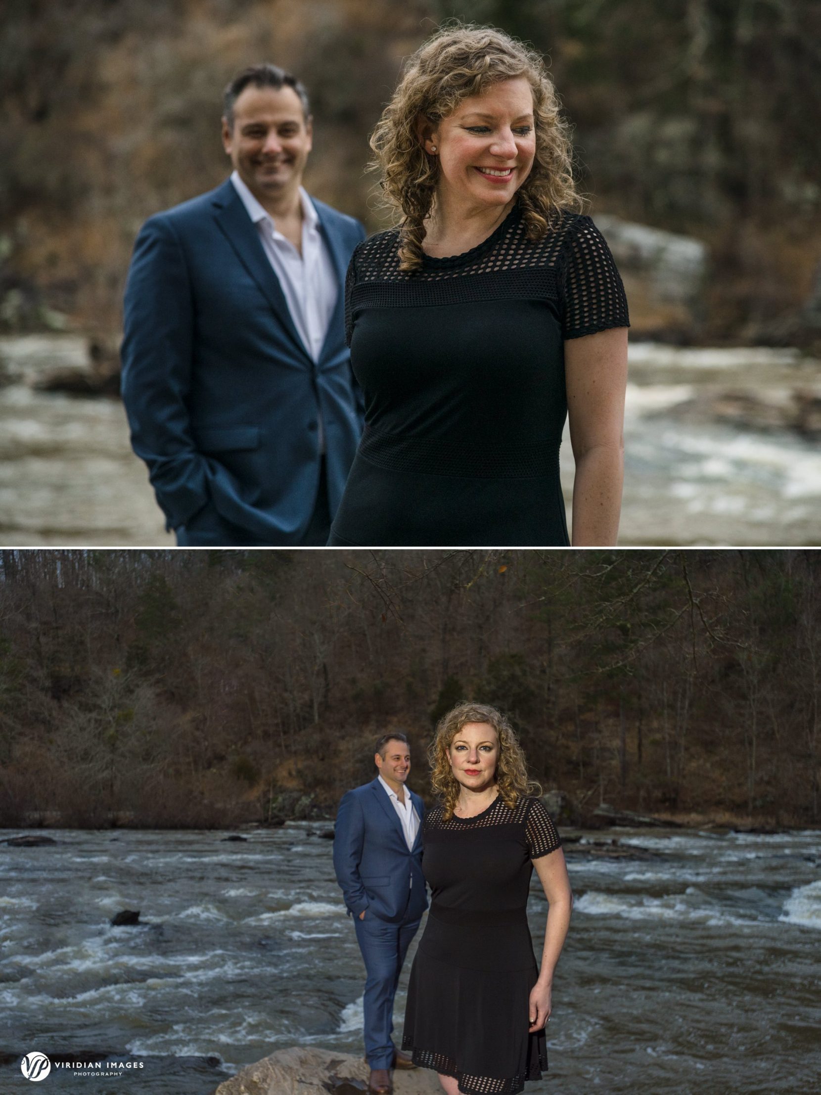 Engagement photo by the creek at Sweetwater Creek Park during winter