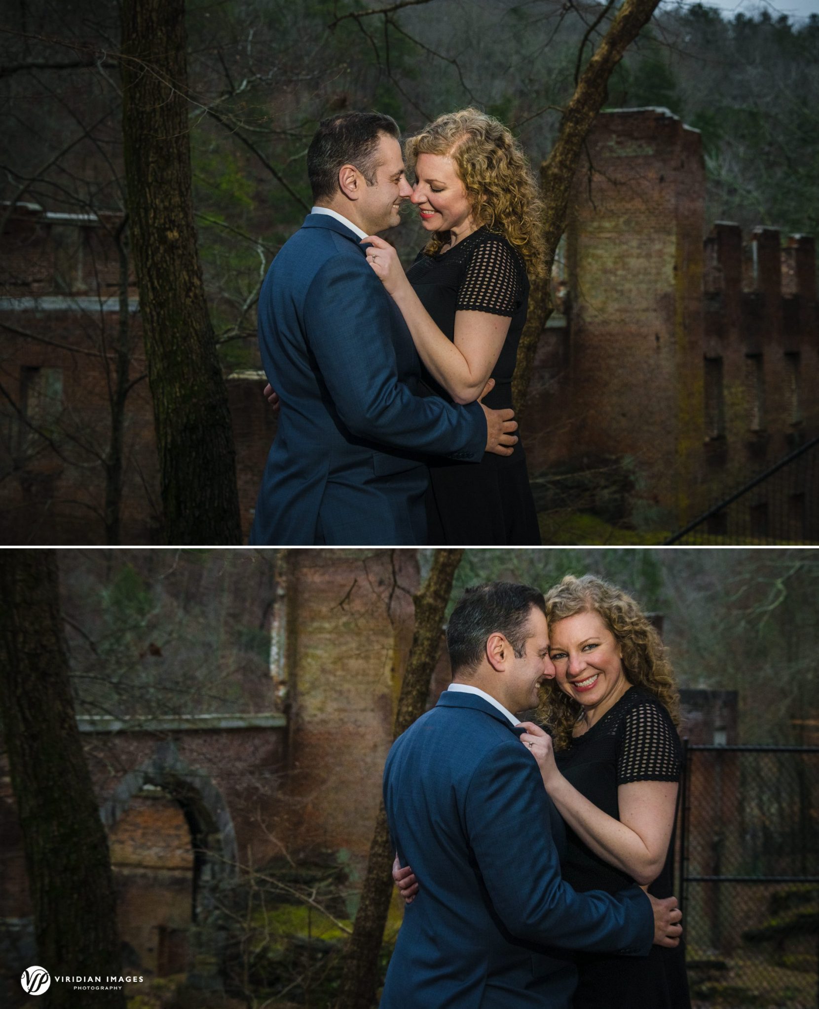 Couple embrace near the historic mill ruins at Sweetwater Creek Park at nightfall