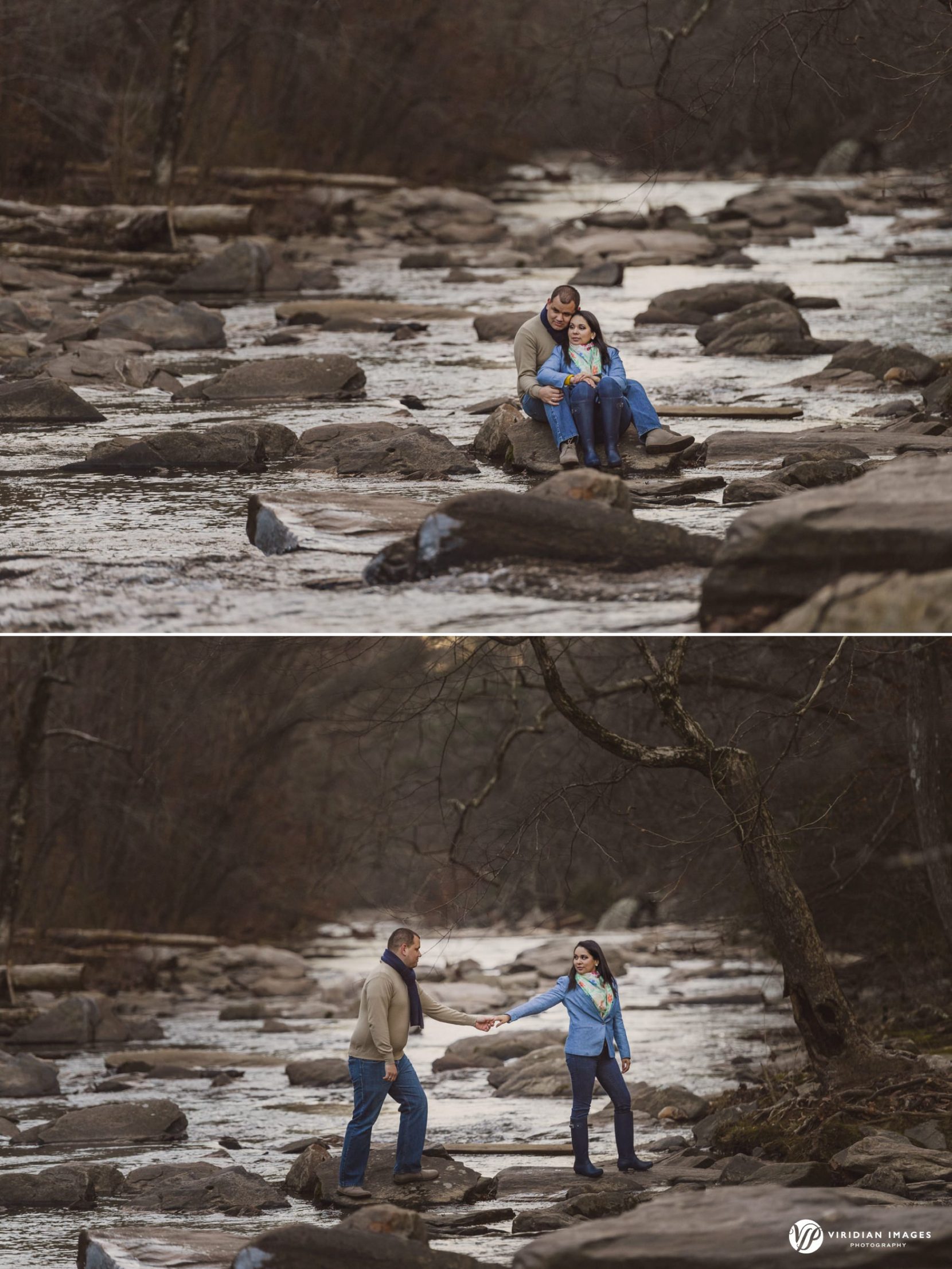 Editorial-style engagement portraits sitting on river rocks at Sope Creek Trail