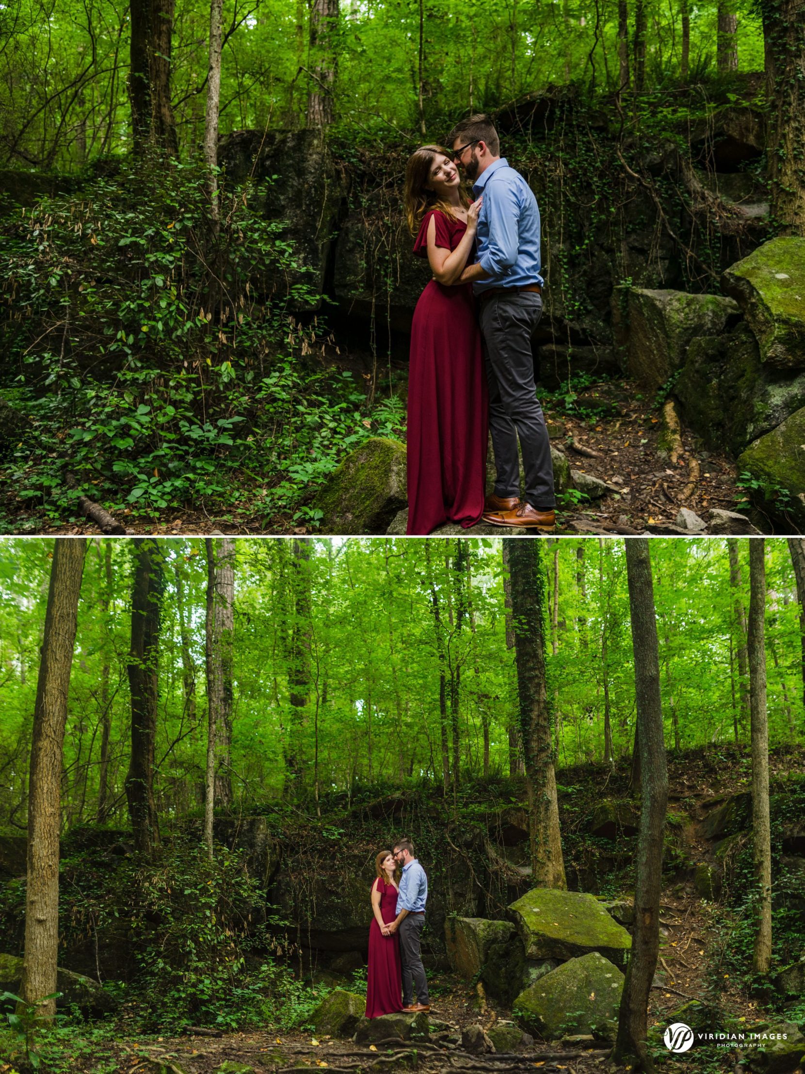 Romantic engagement session through forest at Cascade Springs