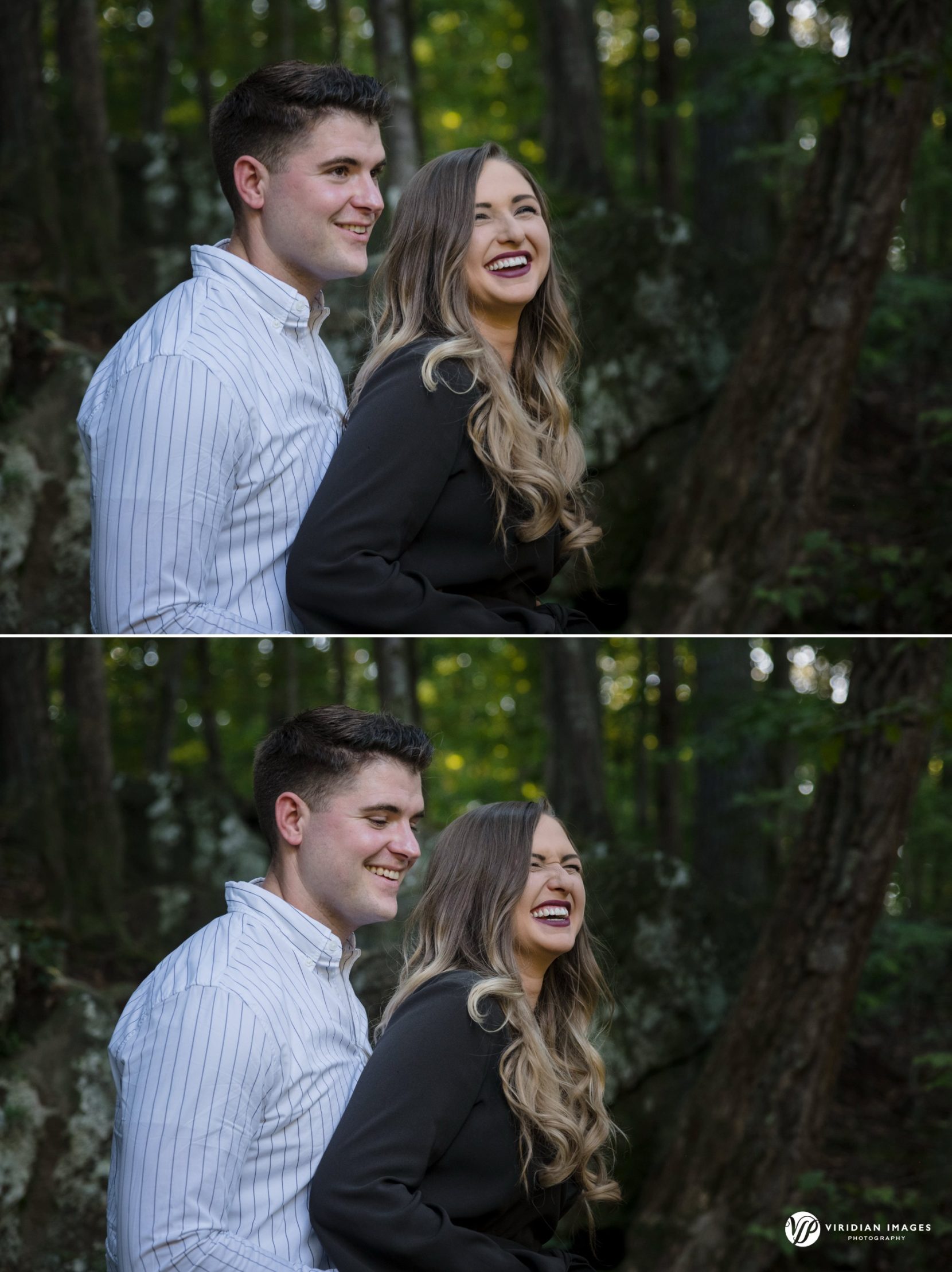 Engaged couple having fun during engagement session at Sweetwater Creek Park in Atlanta