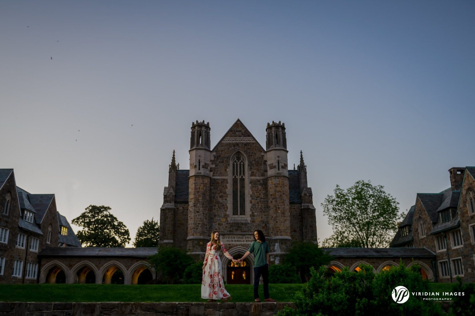 Editorial style photo in front of Mary Hall at Berry College at sunset
