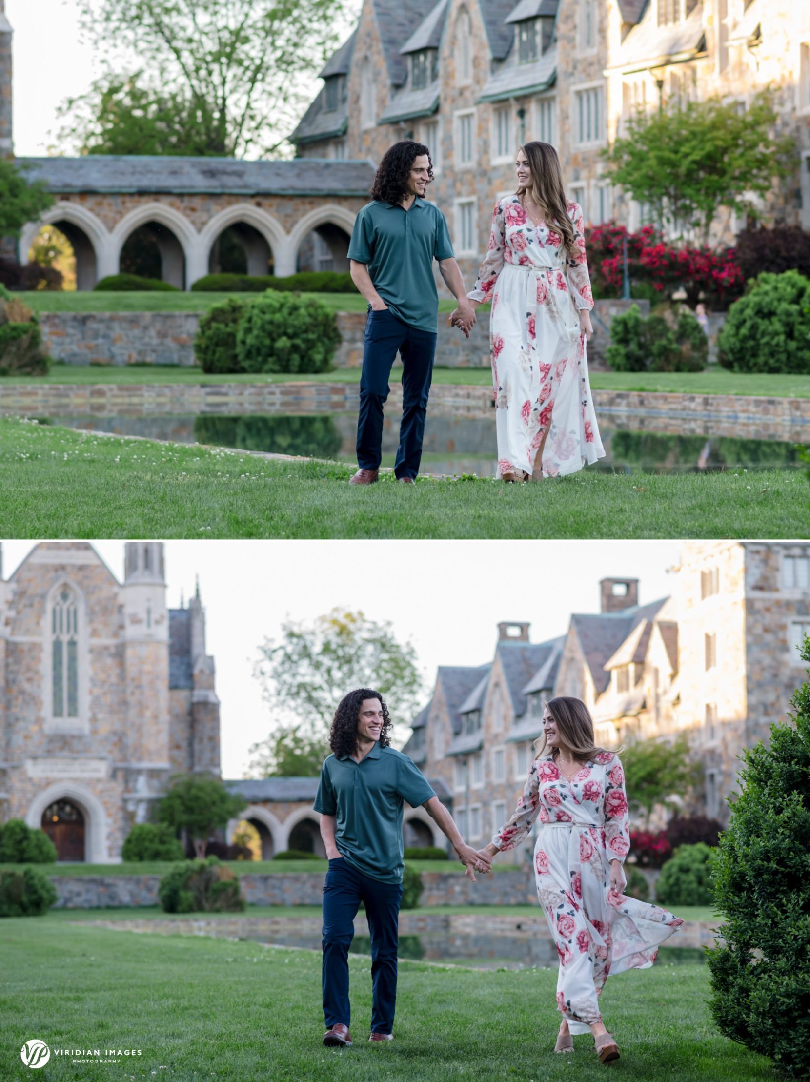 Couple laughing and walking during engagement session at Berry College