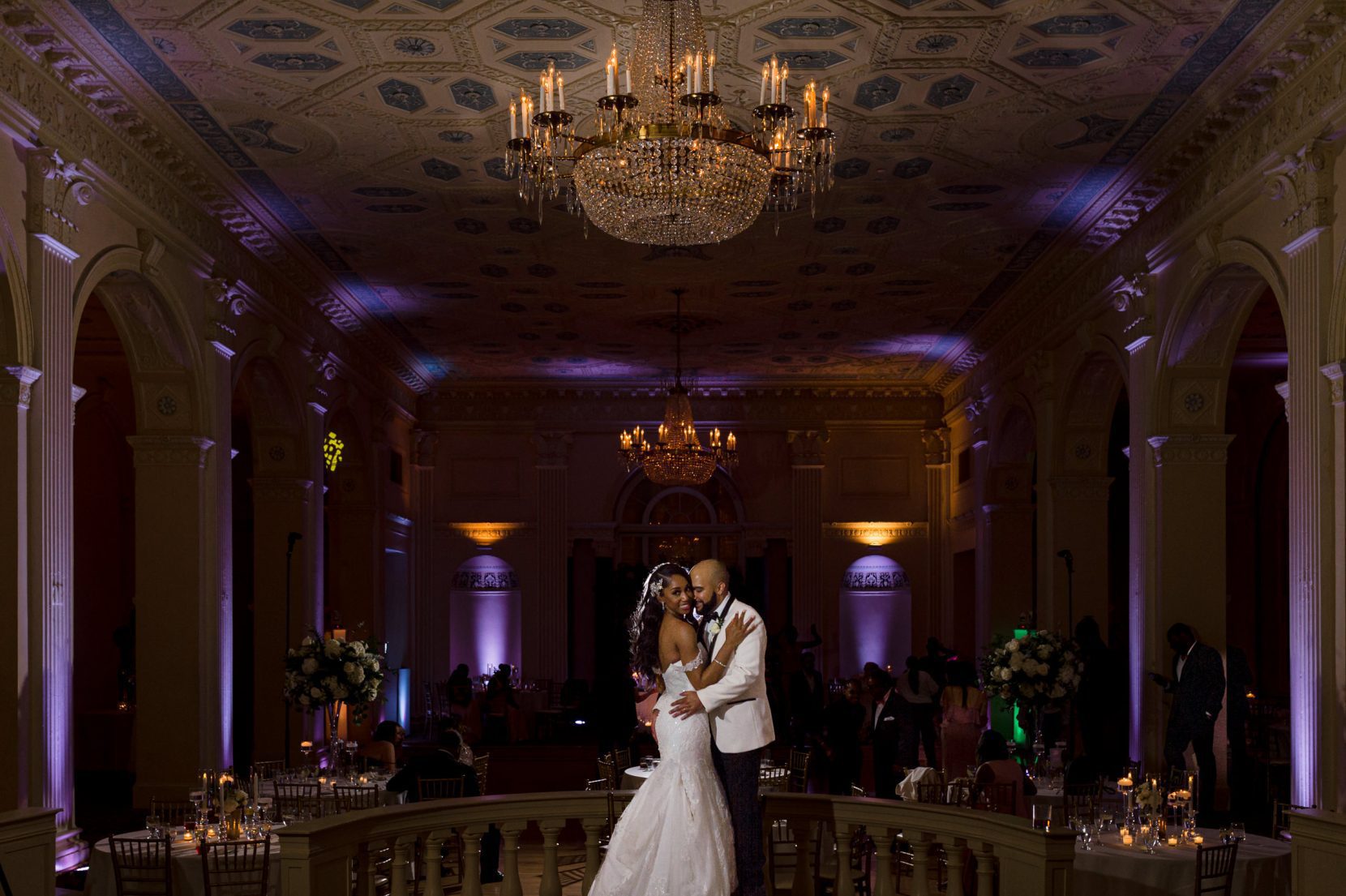 Final portrait of bride and groom inside Biltmore Ballrooms at the end of the night
