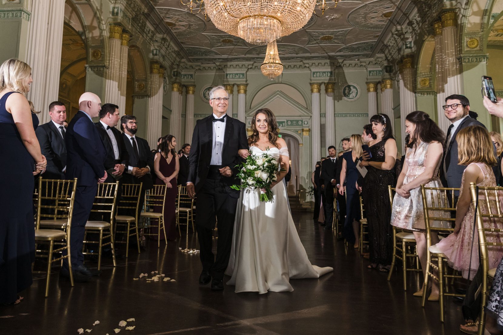 Bride walking down aisle with father at Biltmore Ballrooms ceremony