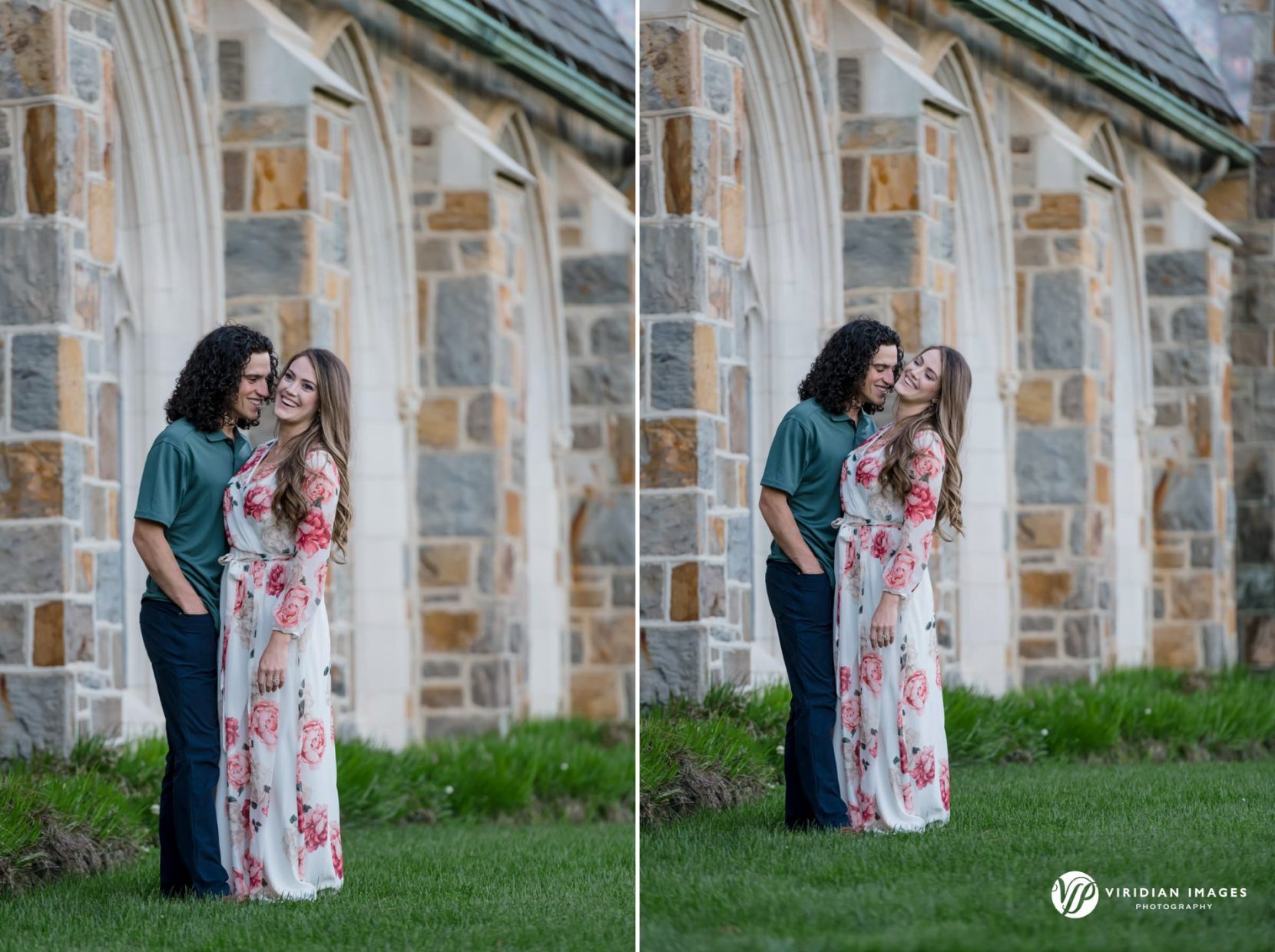 Couple having fun during spring engagement session at Berry College
