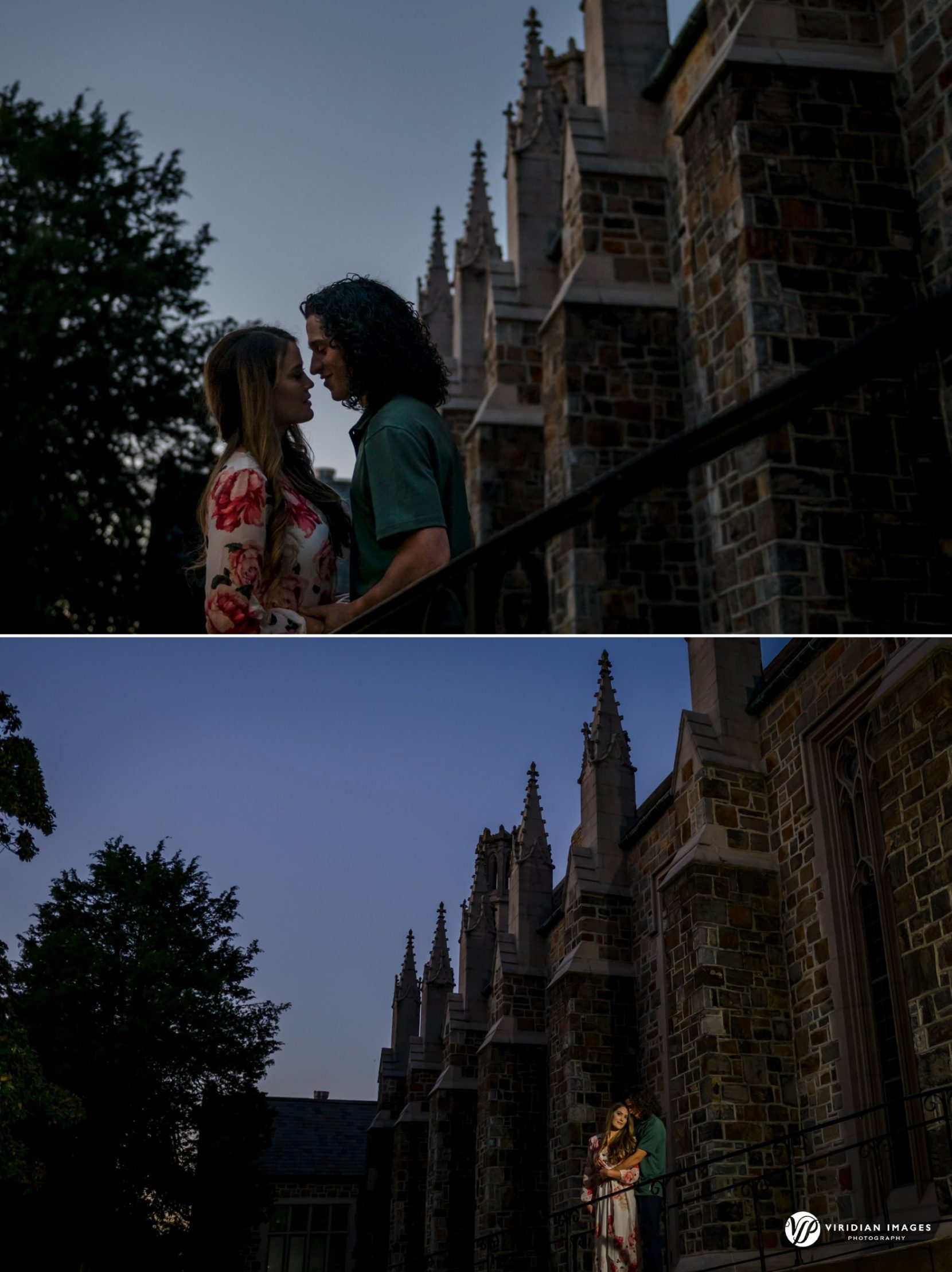 Romantic engagement photos at dusk at Berry College by Viridian Images Photography