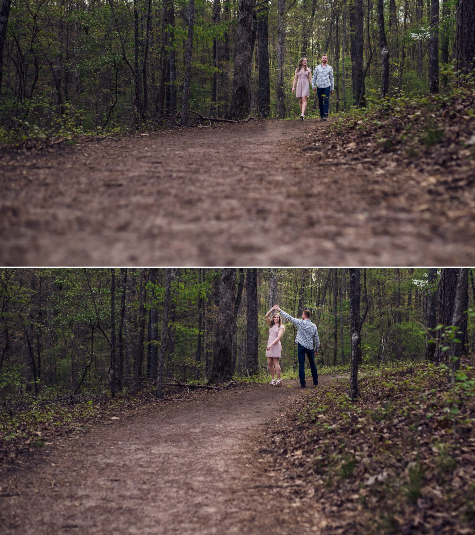 Couple walking and twirling down dirt trail during engagement session in park in Atlanta
