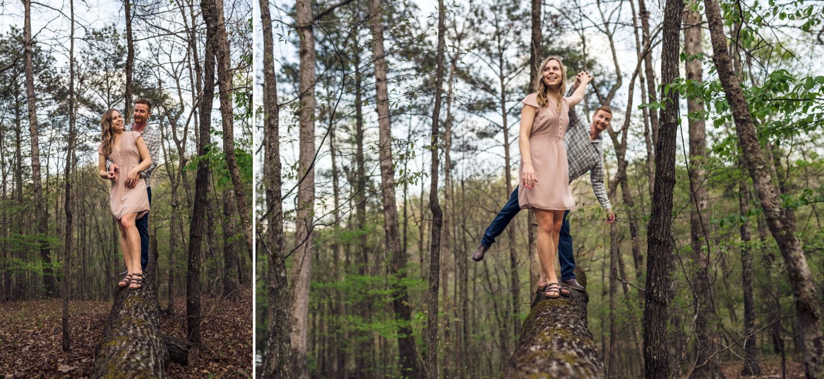 Couple goofing off during engagement session at Sweetwater Creek in Atlanta
