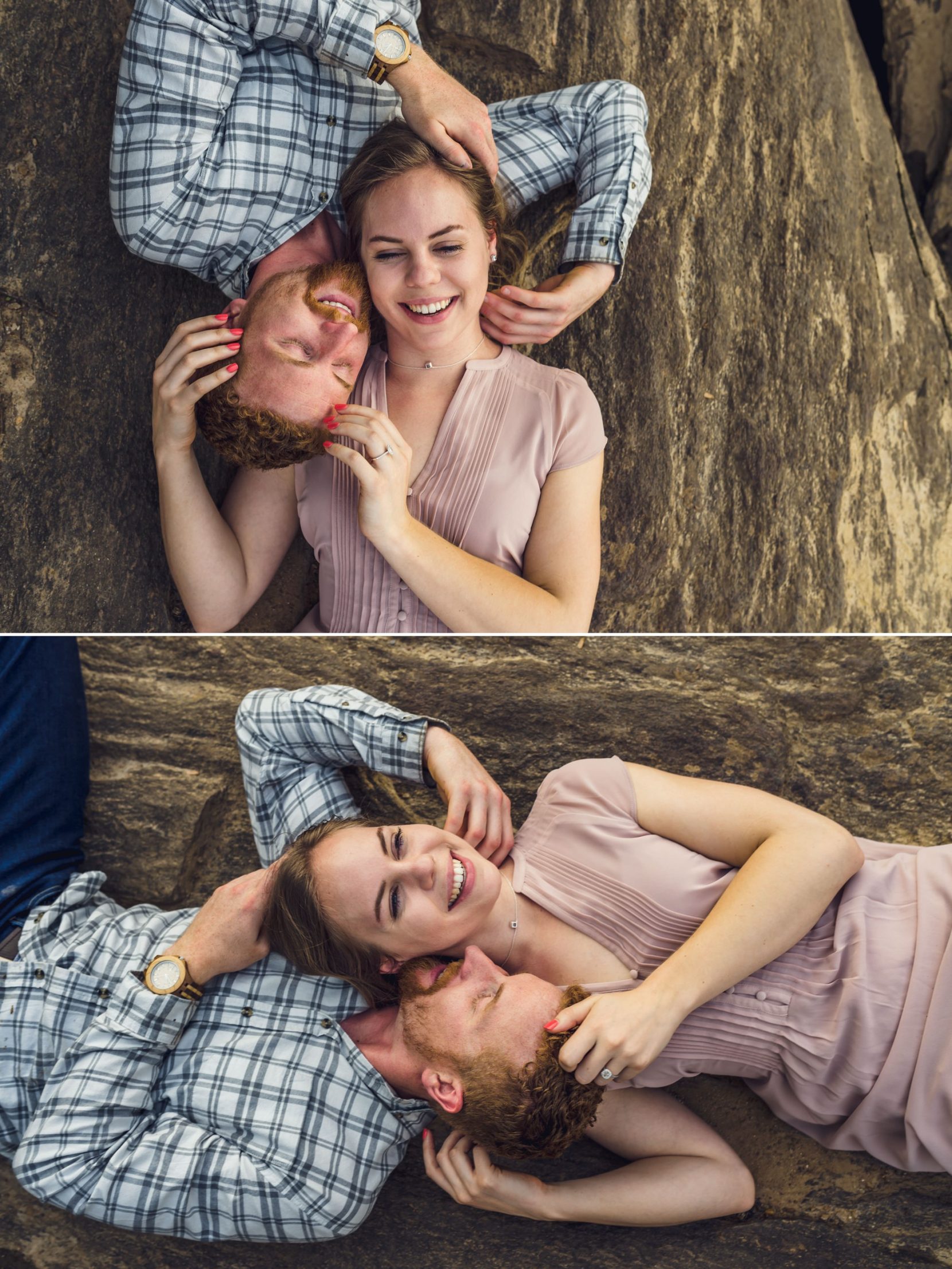 Playful engagement photo of couple tickling faces.