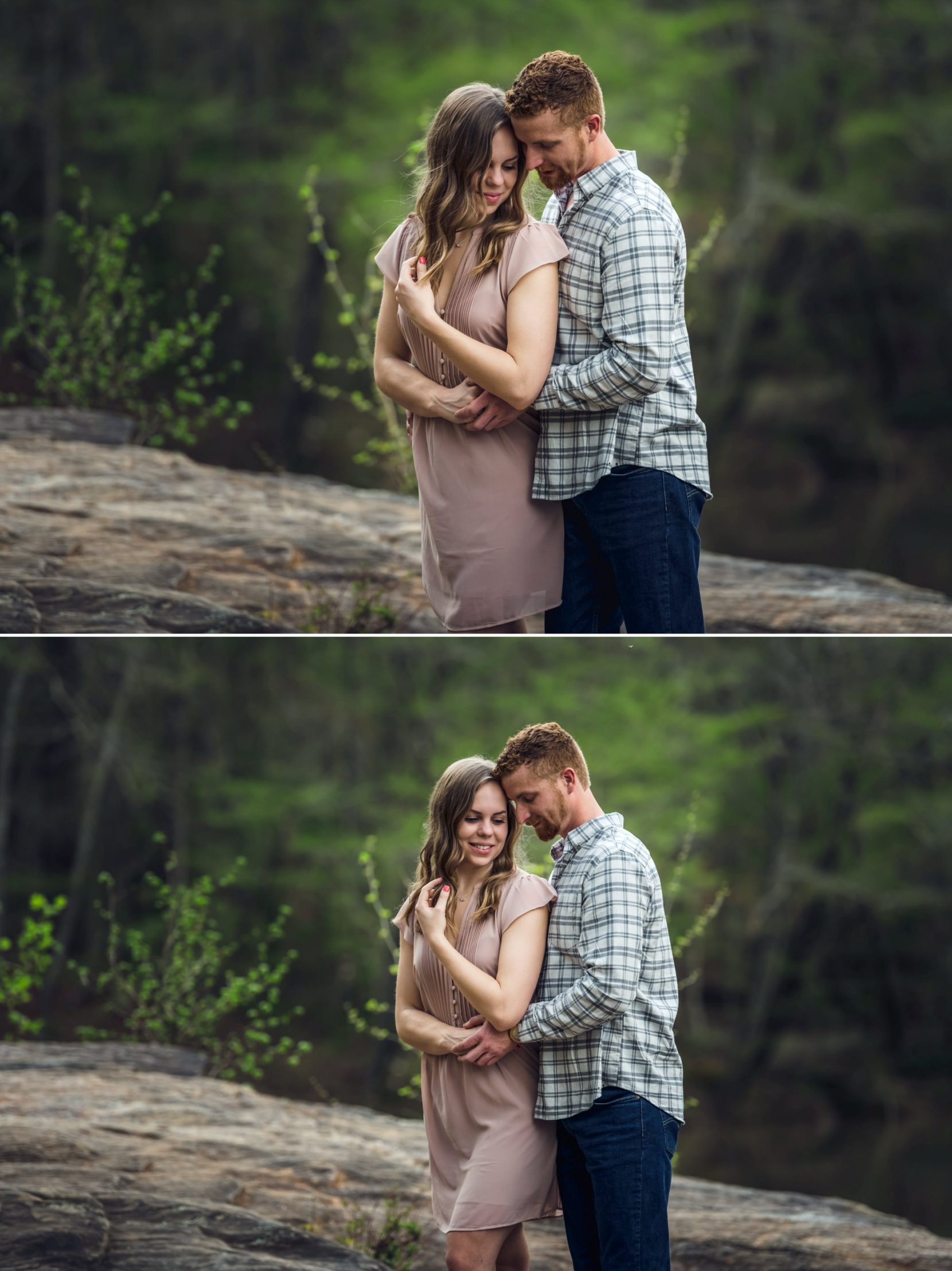 Natural engagement portraits of couple together.