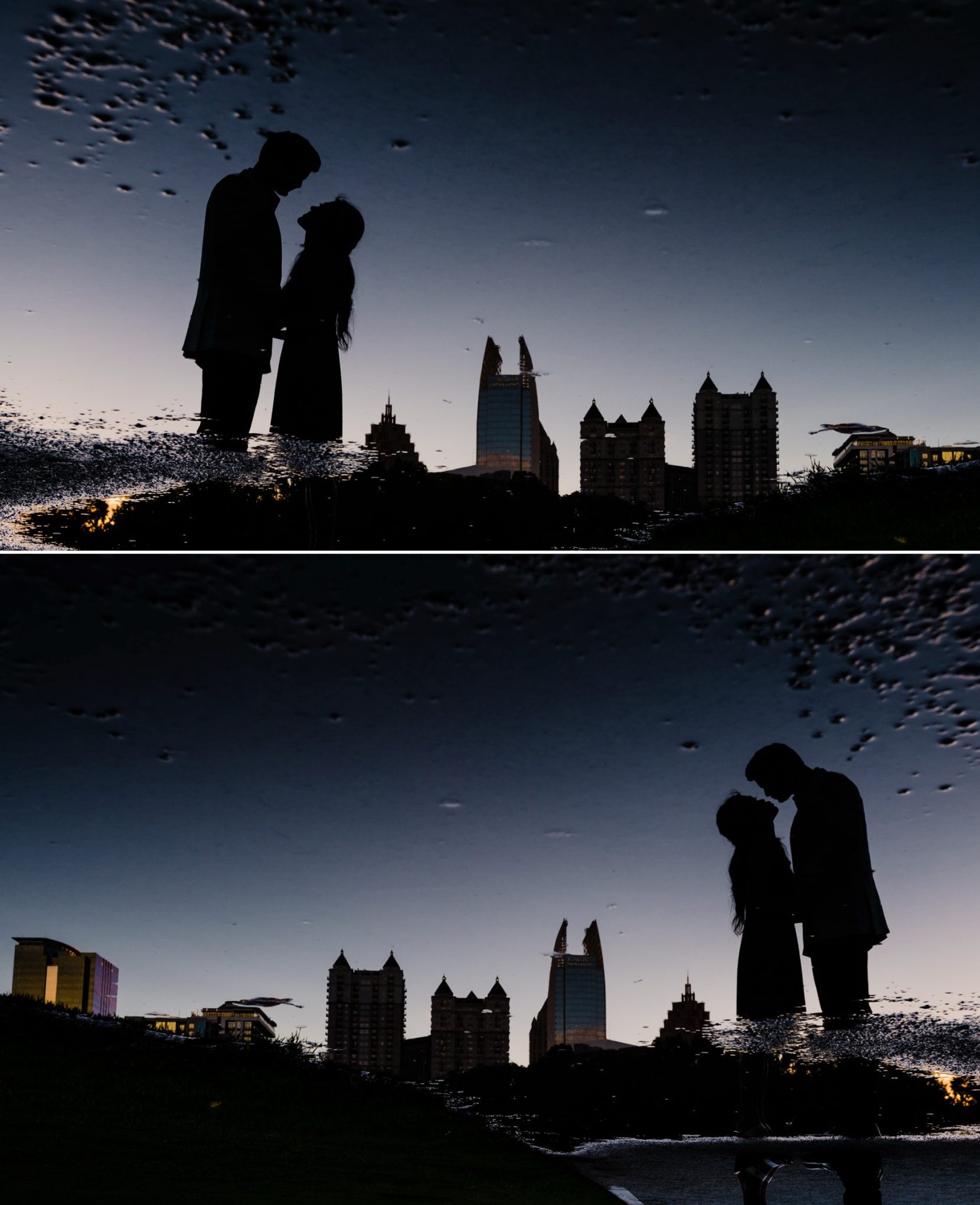 Creative and artistic engagement session photo of couple at dusk in Atlanta