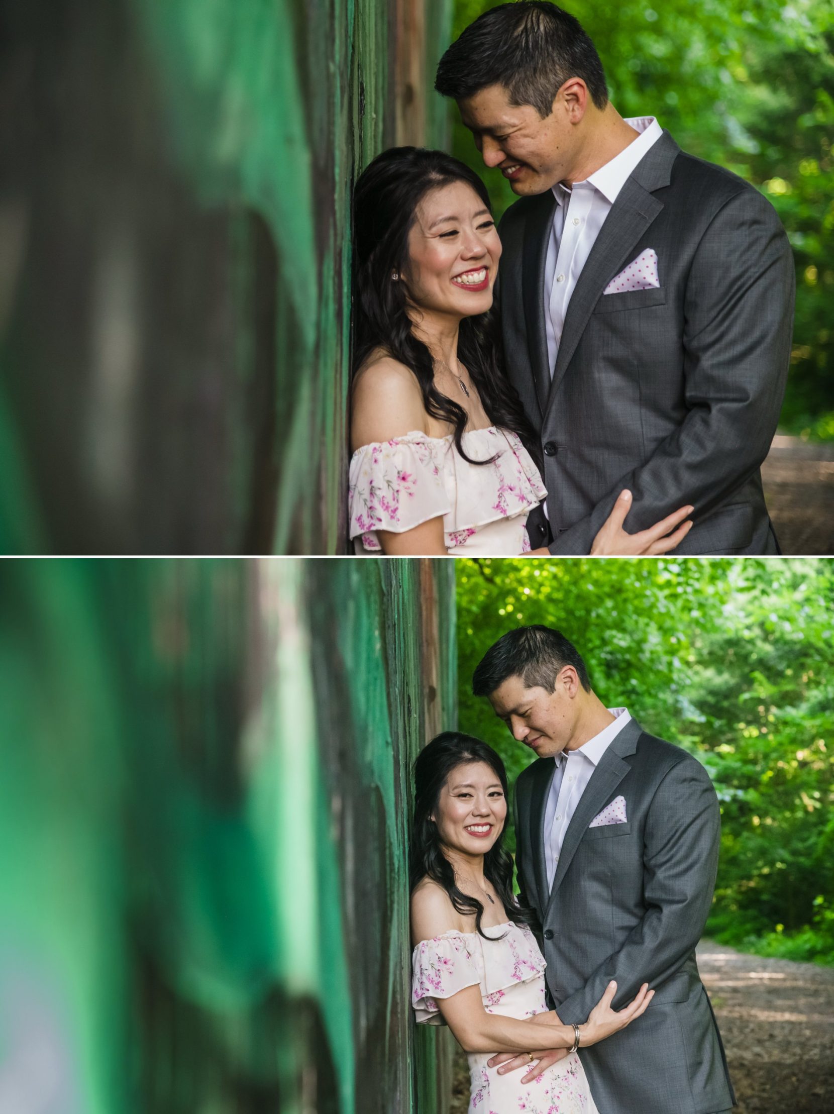 Romantic engagement portraits against mural at Piedmont Park