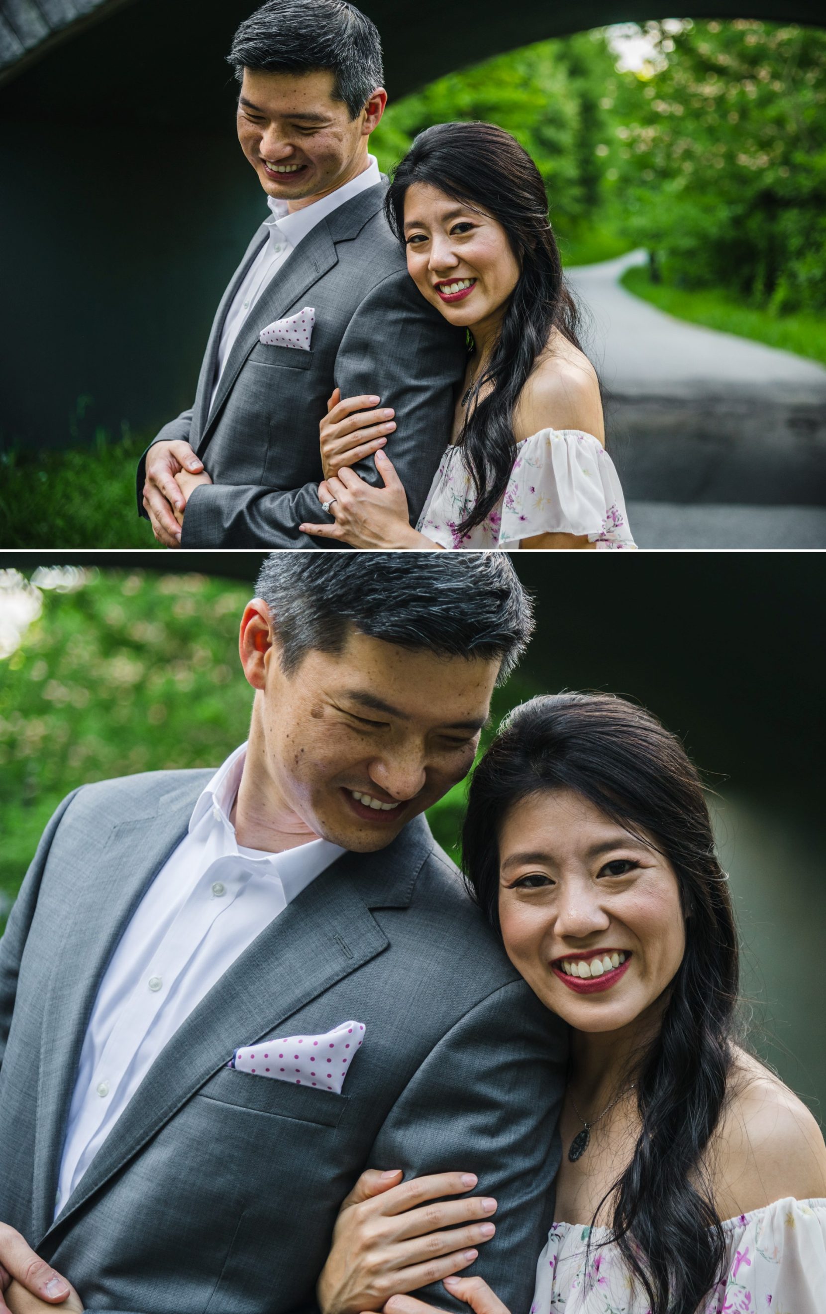 Natural engagement portrait with natural light at Piedmont Park