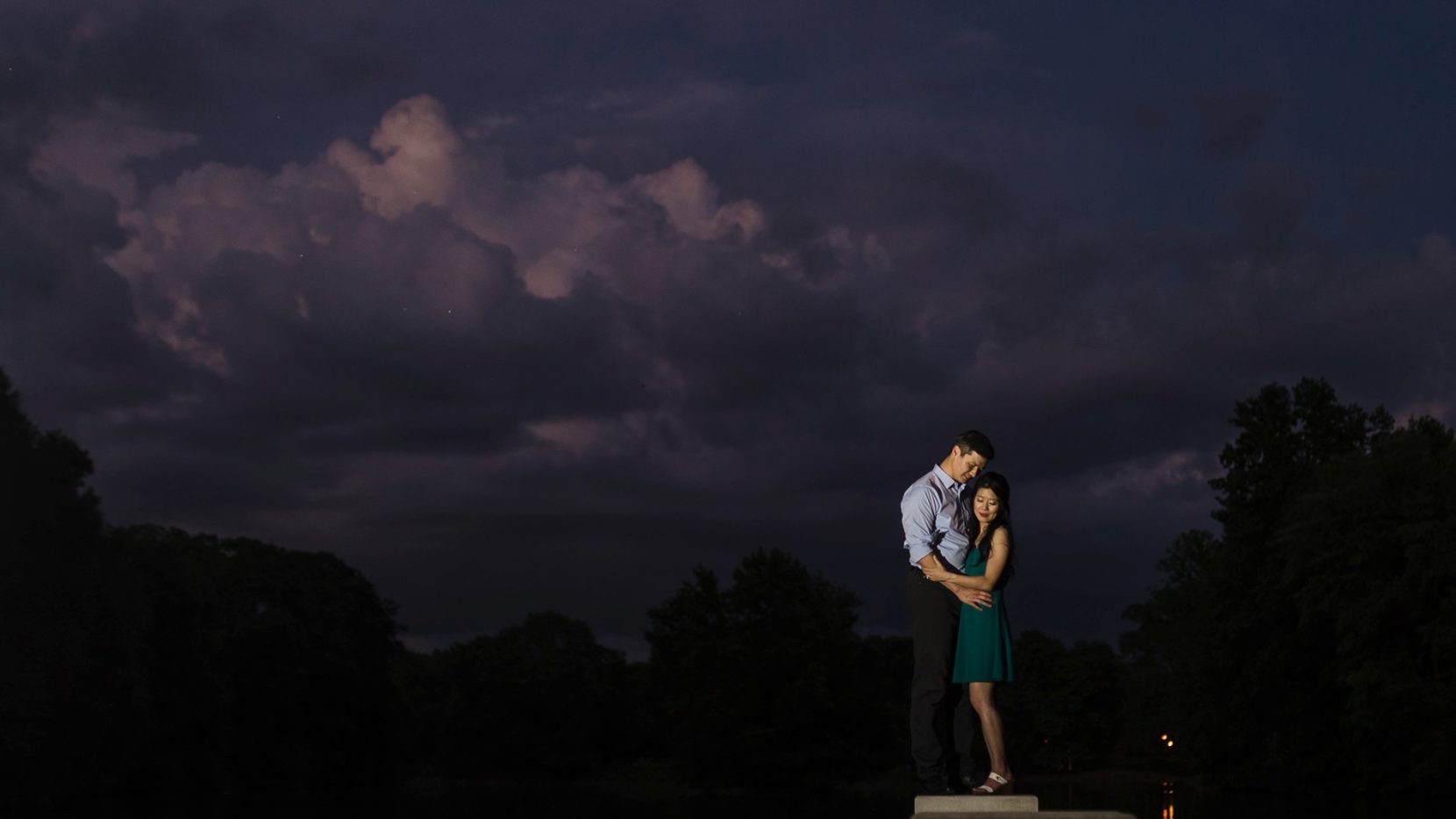 Sunset photo of couple during engagement session at Piedmont Park