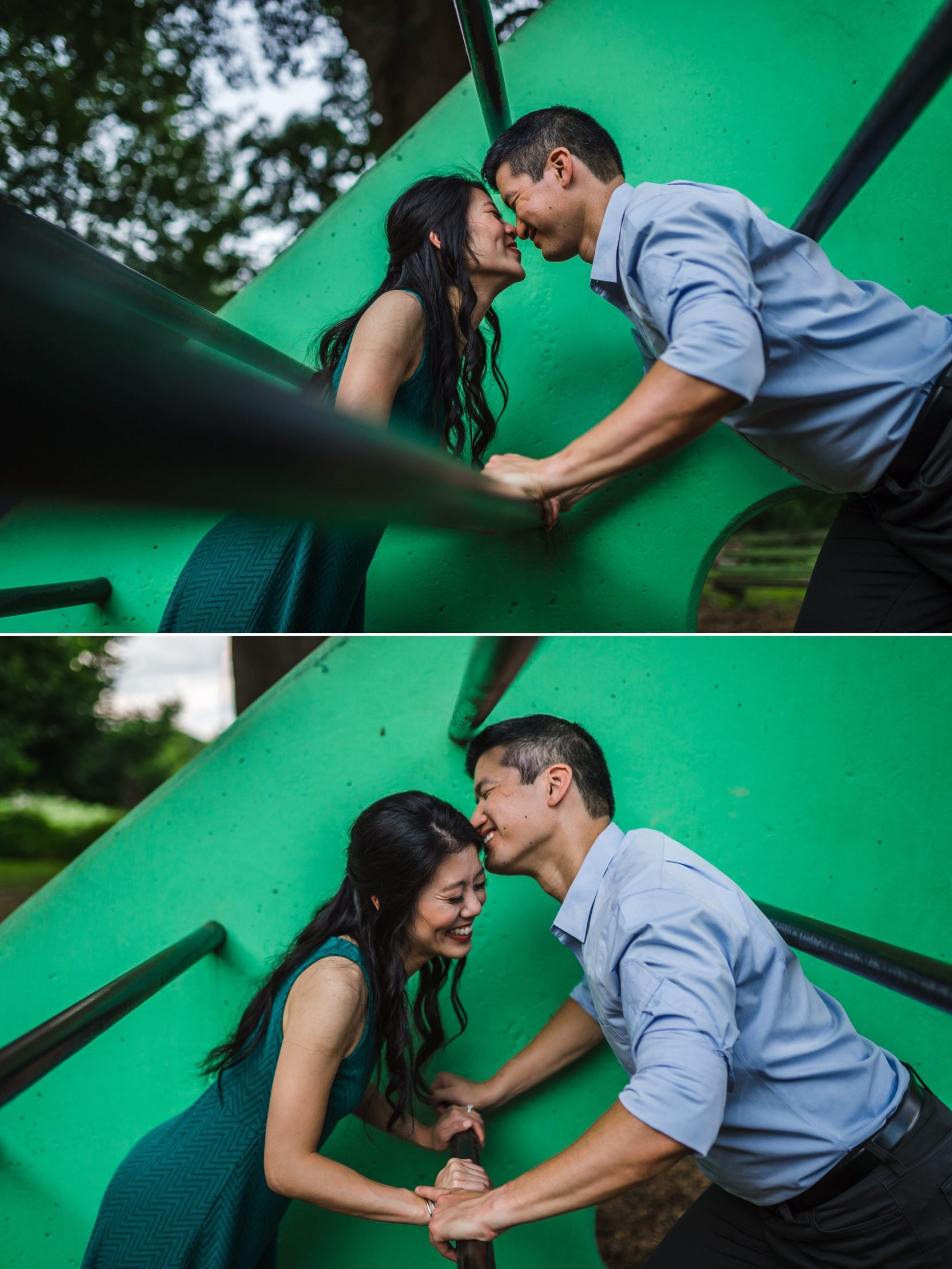 Couple laughing together at playground during Atlanta engagement session