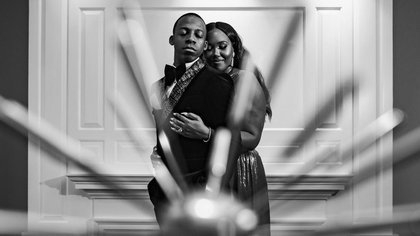 Couple during an editorial engagement session inside the Commerce Club.