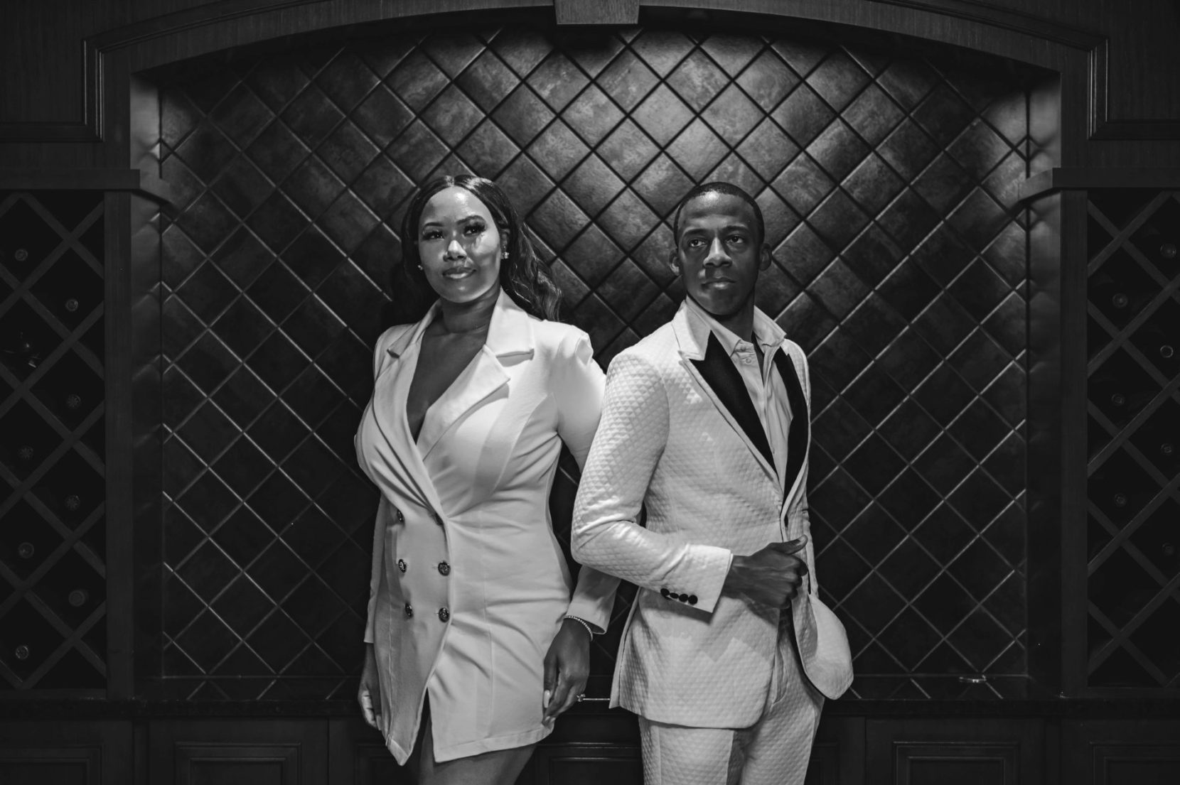 Elegant engagement portrait with refined editorial styling