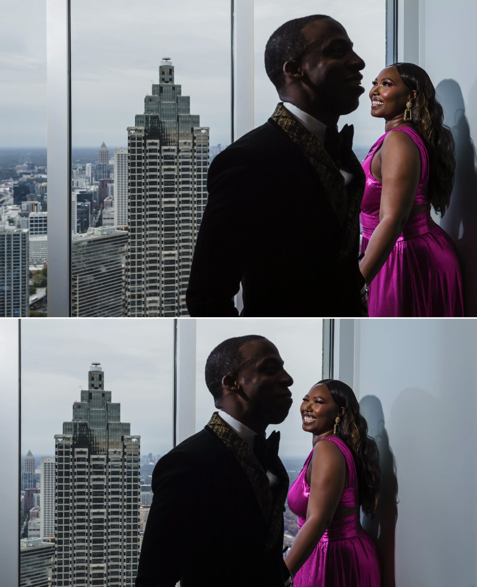 Editorial-inspired and creatively composed portrait at the Commerce Club overlooking city skyline.