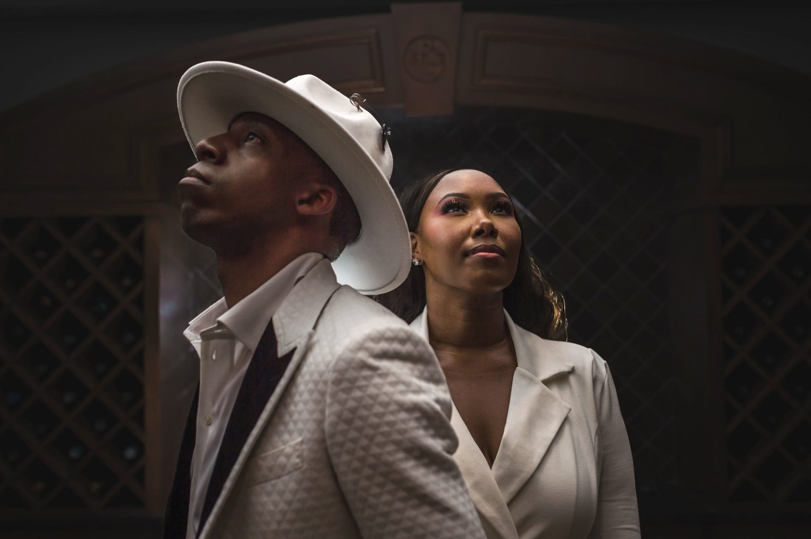 Couple photographed in one of the Commerce Club's elegant interior spaces.